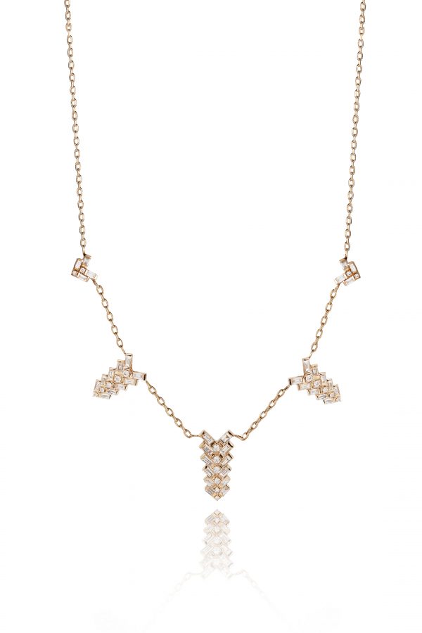 18ct gold White Diamond necklace set with baguette cut and round brilliant cut diamonds rose gold, Necklace length 42cm with two loops to allow shorter versions