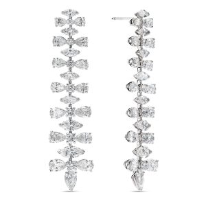 Jewel Connoisseur Flexible diamond Classic Sunset Earrings set in 18ct white gold with total diamond weight of 13.68 carats in D – E colour and VVS clarity. Earrings are approximately 6cm long