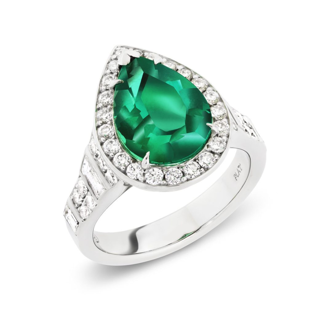 PEAR SHAPED COLOMBIAN EMERALD AND DIAMOND PLATINUM RING
