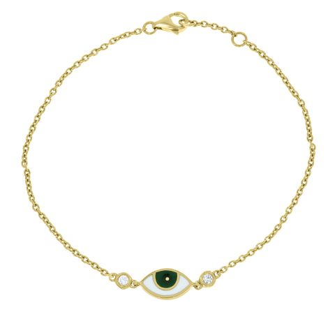 18ct rose gold and evil eye enamel good luck charm bracelet set with 0.06ct of diamonds. Bracelet is 18cm long with a loop at 17cm. Eye colour is green