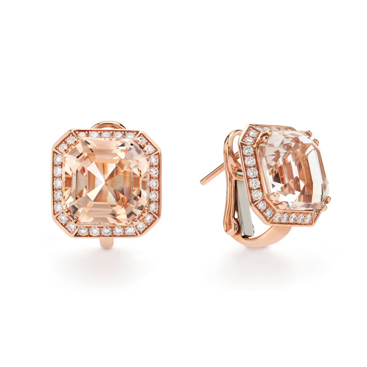 A pair of earrings set with 16.25ct octagonal cut natural light peachy-pink topaz in a 0.70ct diamond cluster in 18ct rose gold.