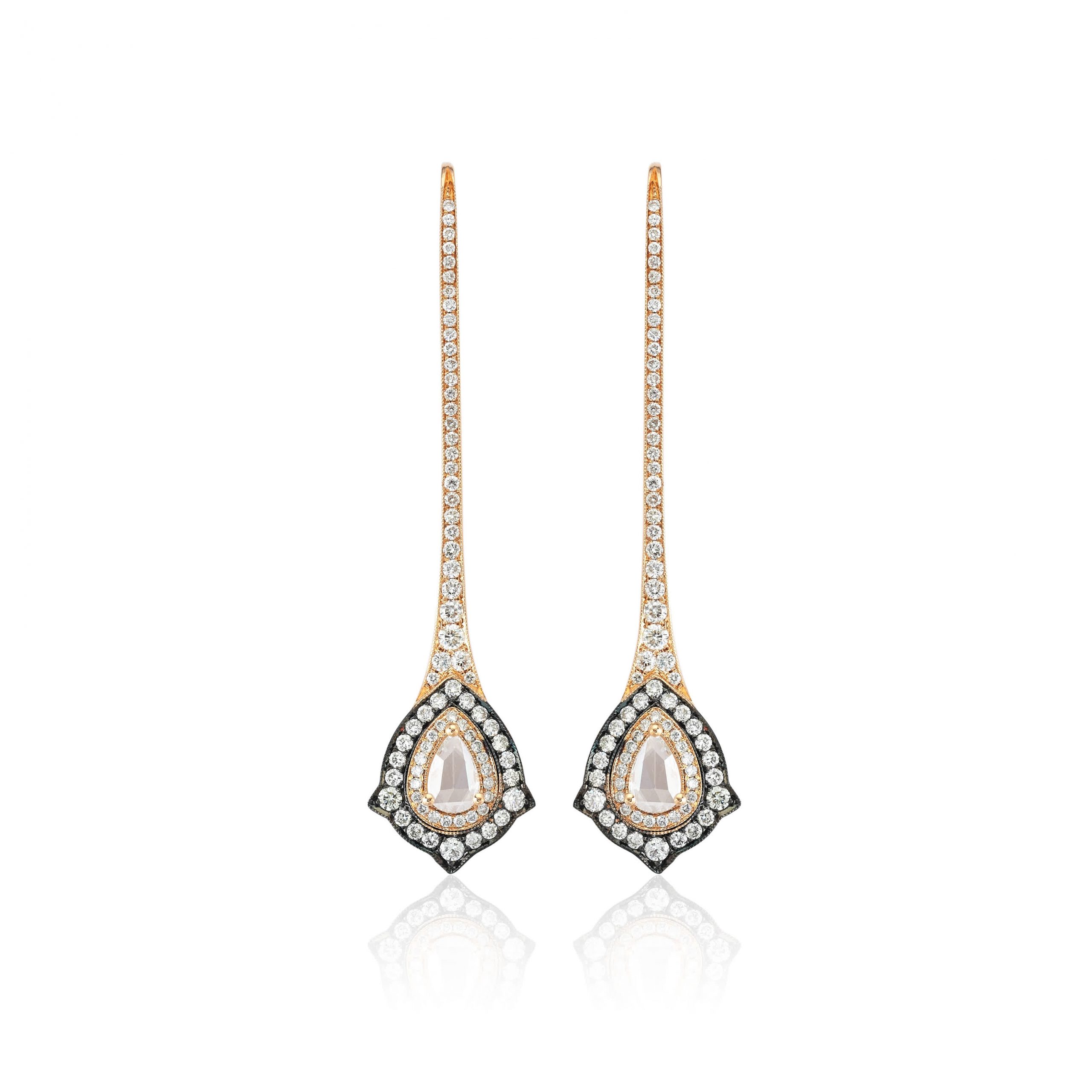 pair of 18ct rose gold Once Upon Time princess long earrings set with 1.22 ct. white diamonds