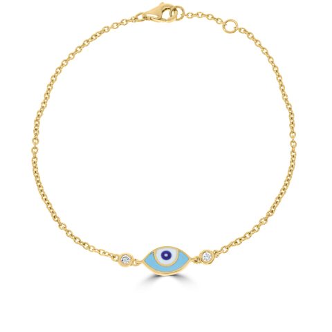 18ct rose gold and evil eye enamel good luck charm bracelet set with 0.06ct of diamonds. Bracelet is 18cm long with a loop at 17cm. Eye is on a turquoise background